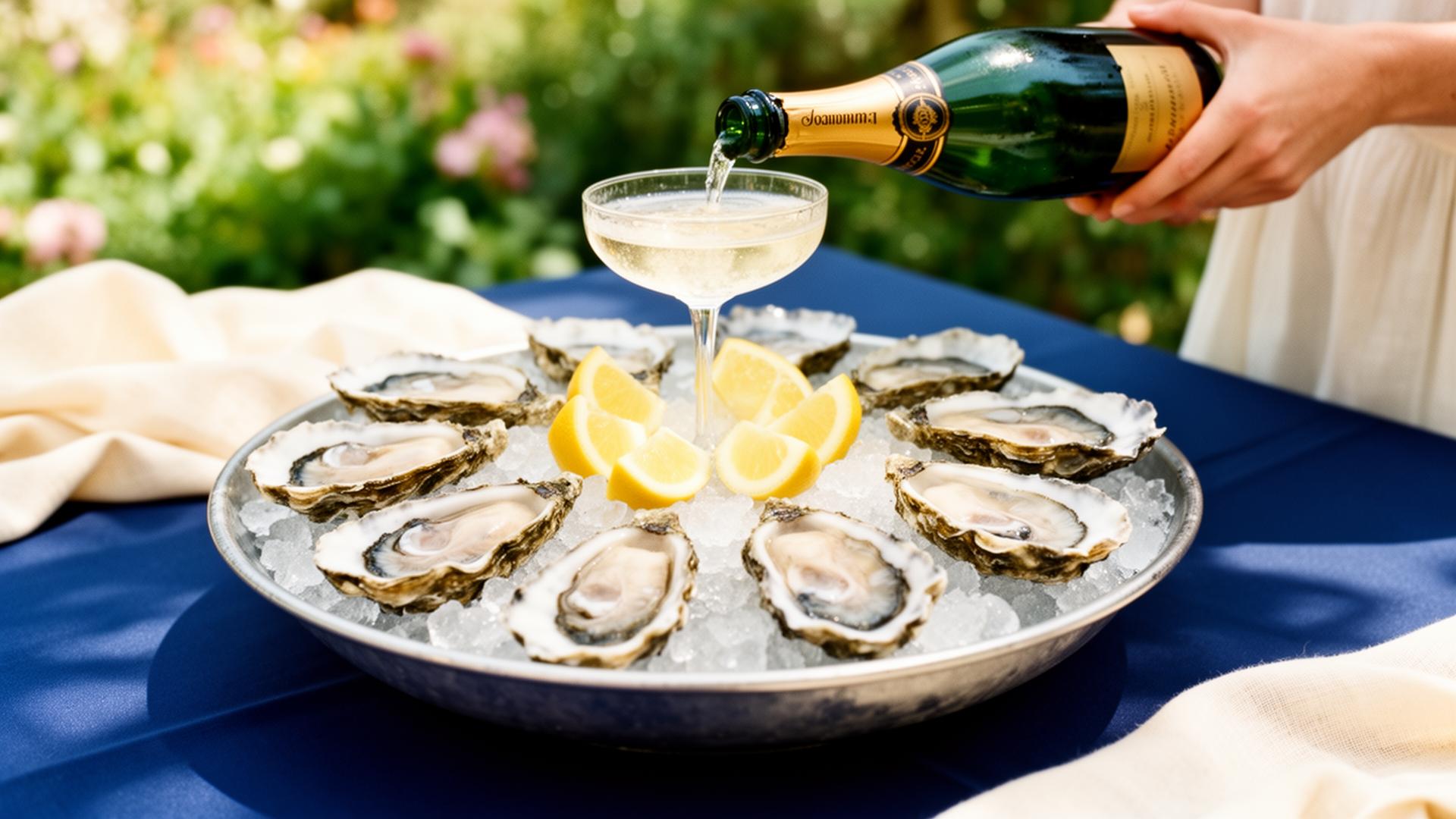 Champagne being poured over a plateau of fresh oysters in a summer garden